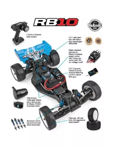 Team Associated RB10 1/10 Buggy Ready-To-Run Blue 2WD Brushless 3300Kv 2.4Ghz AS90031 - RC Cars 1/10 Scale Buggy RTR