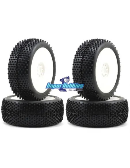 Ruedas AKA Cross Brace Medium Long Wear (4 Uds.) pegadas en llanta blanca EVO 1/8 Buggy 14004ZRW - Ruedas AKA Race 1/8 Buggy