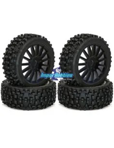 Ruedas Maxi Cross 1/8 Buggy pegadas en llanta negra - Hex. 17mm (4 Uds.) Hobbytech HT-458B - Ruedas Hobbytech 1/8 Buggy