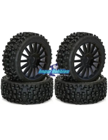 Pneus Maxi Cross 1/8 Buggy monté / collé sur jante noire - Hex. 17mm (4 U.) Hobbytech HT-458 - Pneus Hobbytech 1/8Th Buggy