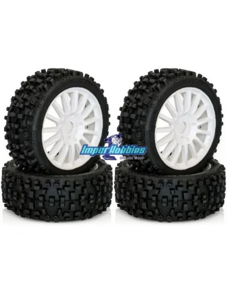 Pneus Maxi Cross 1/8 Buggy monté / collé sur jante blanche - Hex. 17mm (4 Uds.) Hobbytech HT-458 - Pneus Hobbytech 1/8Th Buggy
