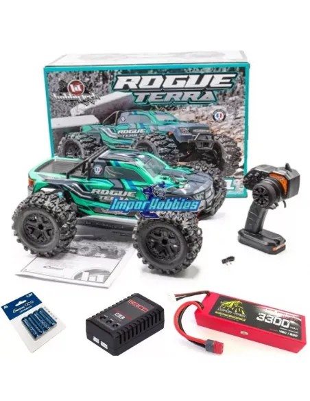 Coche de radiocontrol eléctrico iniciación potente 1/10 Monster Truck Hobbytech Rogue Terra Verde completo listo para conducir