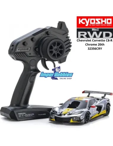 Mini Coche RC Escala 1/28 Kyosho Mini-Z MR-04 RWD Chevrolet Corvette C8-R Cromo / amarillo 20TH W-MM KT531P 2.4ghz 32356CRY