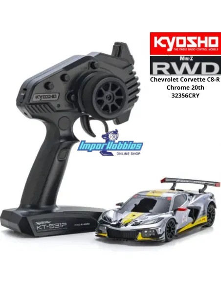 Mini Coche RC Escala 1/28 Kyosho Mini-Z MR-04 RWD Chevrolet Corvette C8-R Cromo / amarillo 20TH W-MM KT531P 2.4ghz 32356CRY