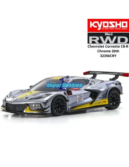 Mini Coche RC Escala 1/28 Kyosho Mini-Z MR-04 RWD Chevrolet Corvette C8-R Cromo / amarillo 20TH W-MM KT531P 2.4ghz 32356CRY