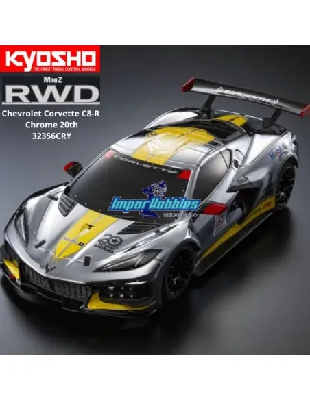 Mini RC Car 1/28 Scale Kyosho Mini-Z MR-04 RWD Chevrolet Corvette C8-R Chrome / Yellow 20TH W-MM KT531P 2.4ghz 32356CRY