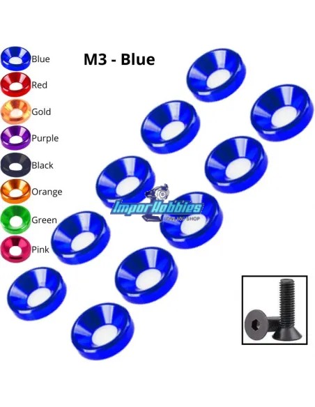 Arandela aluminio cónica M3 azul (10 Uds.) Fussion FS-WE001-BL - Personaliza / Opcional coches rc