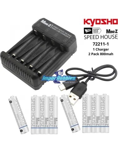 Combo cargador USB con 8 Baterías Ni-Mh 800mah Speed House Kyosho 72211-1 - para coches mini-z 1/28