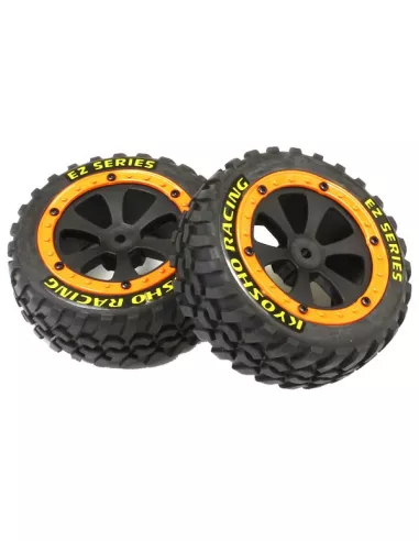 Tire & WheelSet w/ Orange Flange glued in rims Kyosho SandMaster EZ002OR - Kyosho EZ Series Sand Master - Spare Parts & Option P