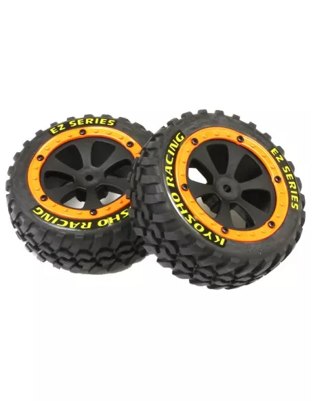 Tire & WheelSet w/ Orange Flange glued in rims Kyosho SandMaster EZ002OR - Kyosho EZ Series Sand Master - Spare Parts & Option P