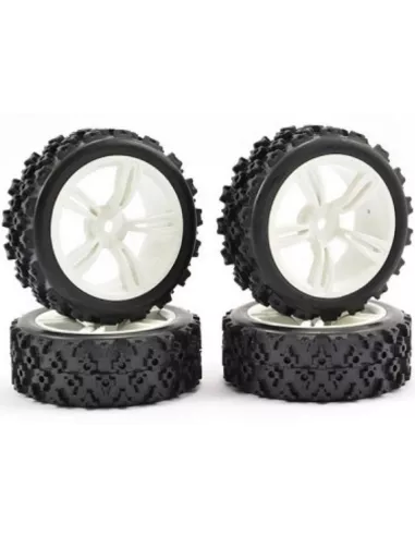 Street Rally Block Tires Glued In White Rim 5-Spoke - 1/10 Scale Fastrax FAST0074W - 1/10 Scale Rally Tires