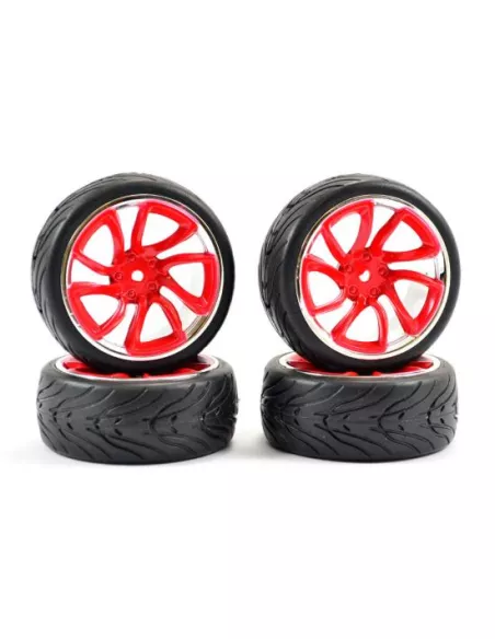 Wheels 1/10 Touring Rubber 26mm Street Glued In Red  - Chrome Rim (4 U.) Fastrax FAST0088RC - 1/10 Scale Touring Tires . Rubber 
