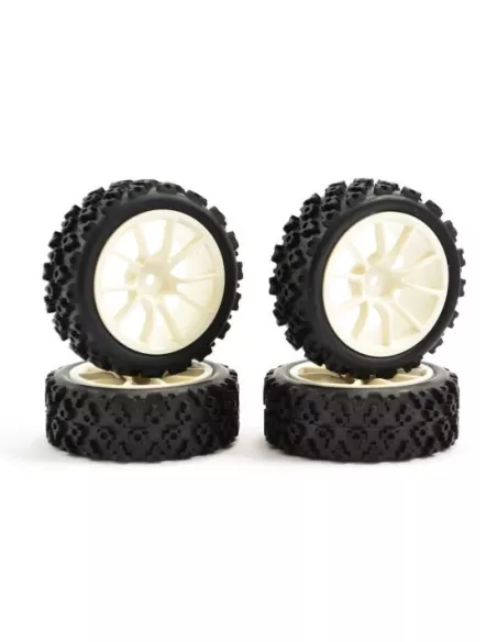 Street Rally Block Tires Glued In White Rim 10-Spoke - 1/10 Scale Fastrax FAST0073W - 1/10 Scale Rally Tires