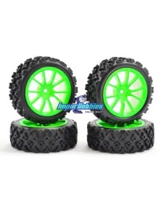 Street Rally Block Tires Glued In Green Rim 10-Spoke - 1/10 Scale Fastrax FAST0073G - 1/10 Scale Rally Tires