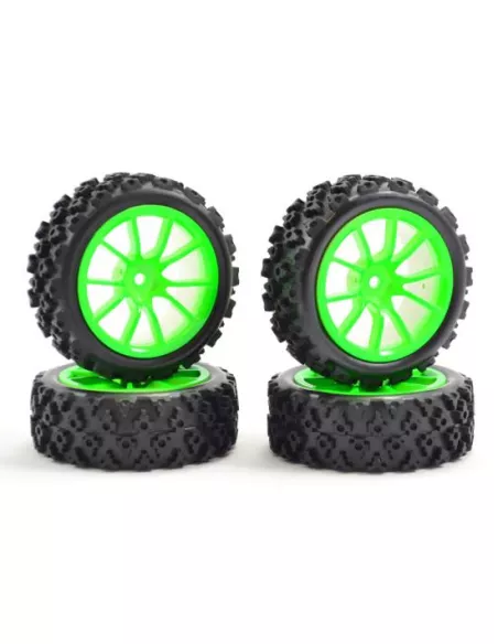 Street Rally Block Tires Glued In Green Rim 10-Spoke - 1/10 Scale Fastrax FAST0073G - 1/10 Scale Rally Tires