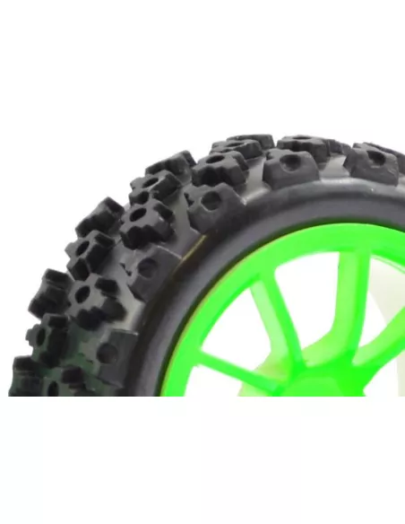 Street Rally Block Tires Glued In Green Rim 10-Spoke - 1/10 Scale Fastrax FAST0073G - 1/10 Scale Rally Tires