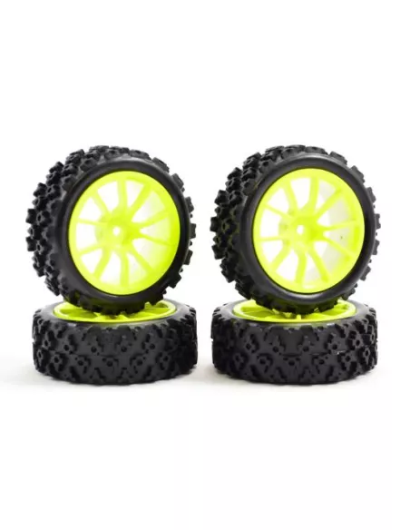 Street Rally Block Tires Glued In White Rim 10-Spoke - 1/10 Scale Fastrax FAST0073Y - 1/10 Scale Rally Tires